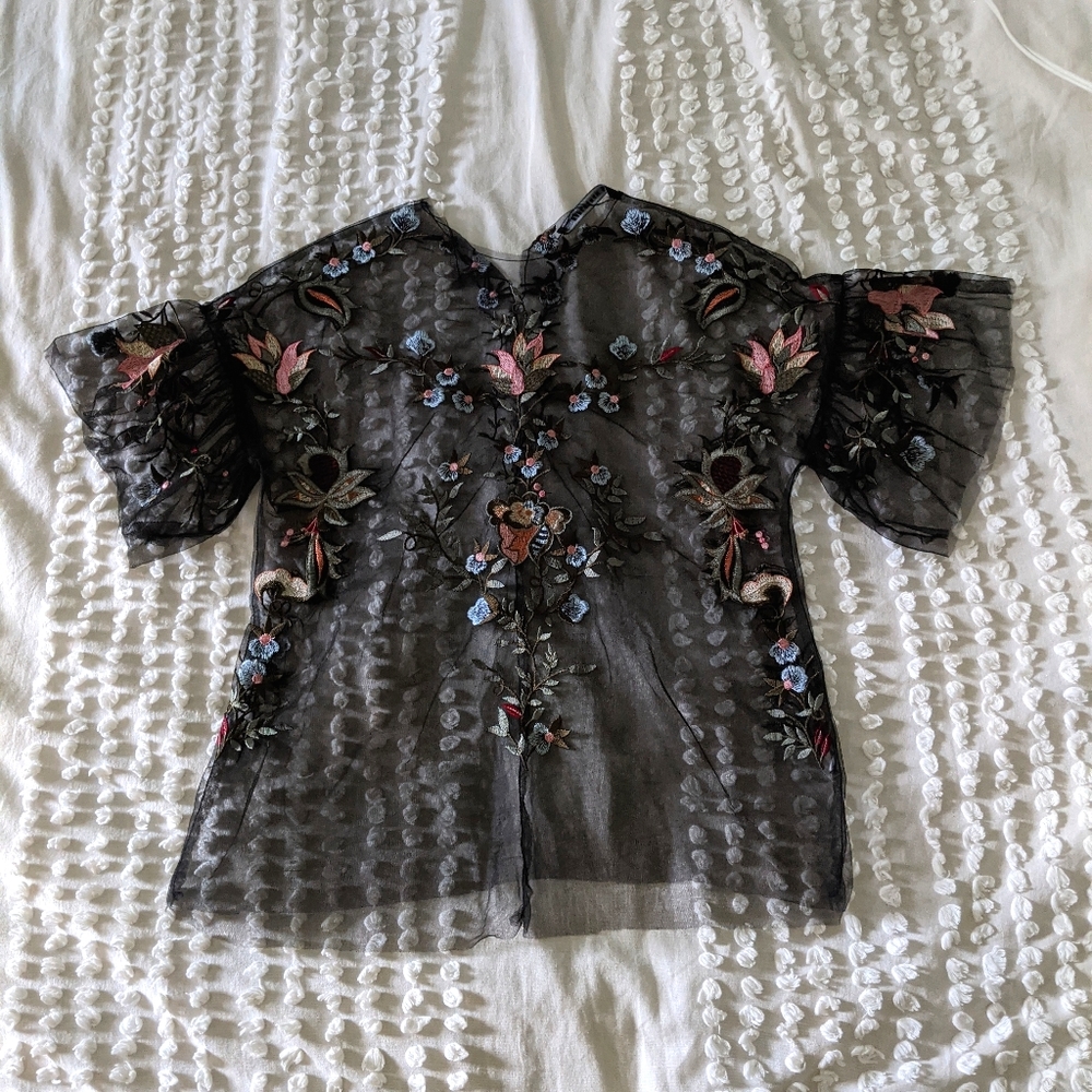 Black Mesh Embroidered Blouse